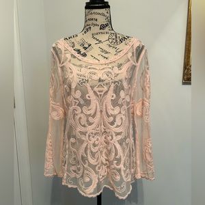 EXPRESS peach toned lace/mesh long sleeve see through blouse